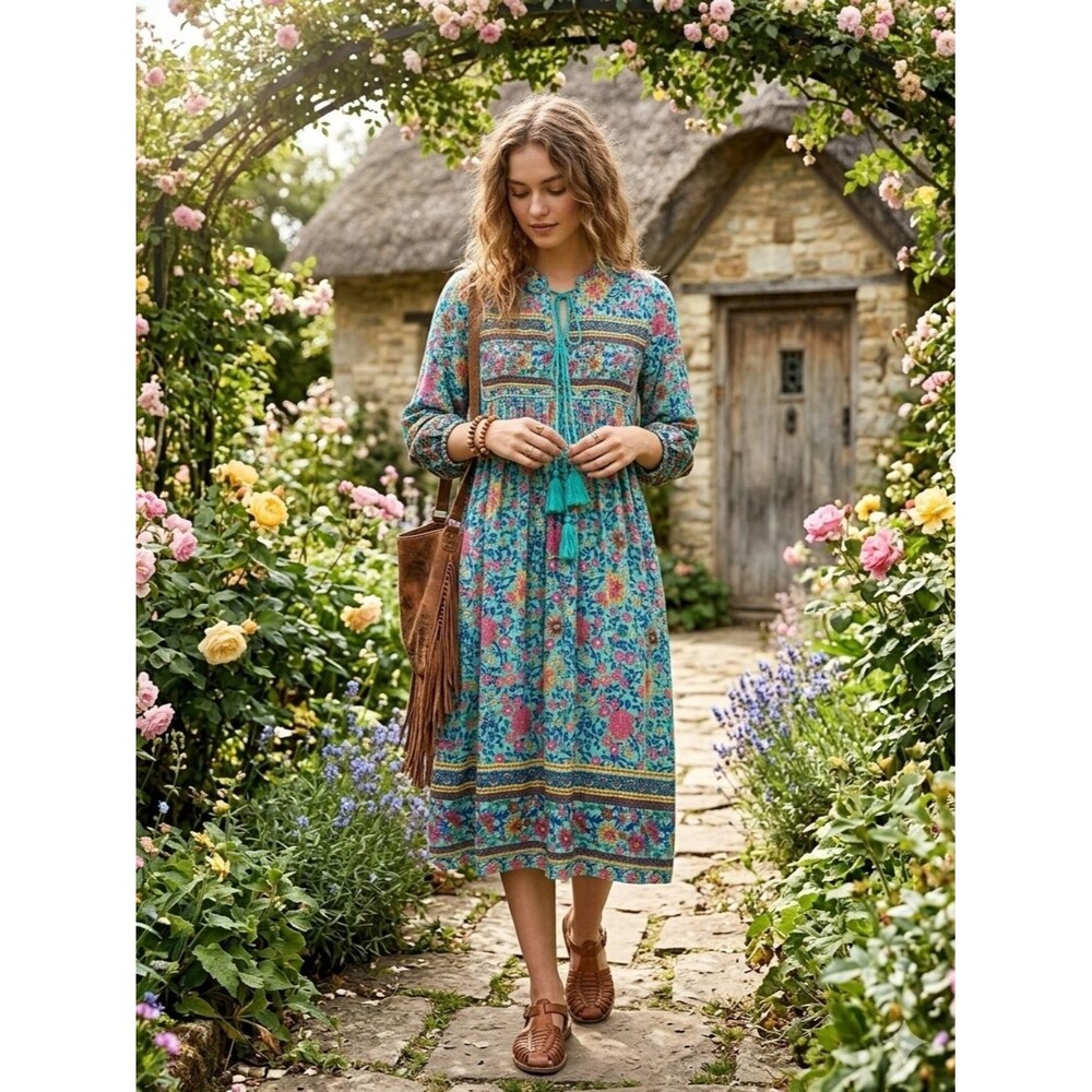 R.Vivimos Boho Floral Tassel Midi Dress Teal Pink Cottagecore Size M